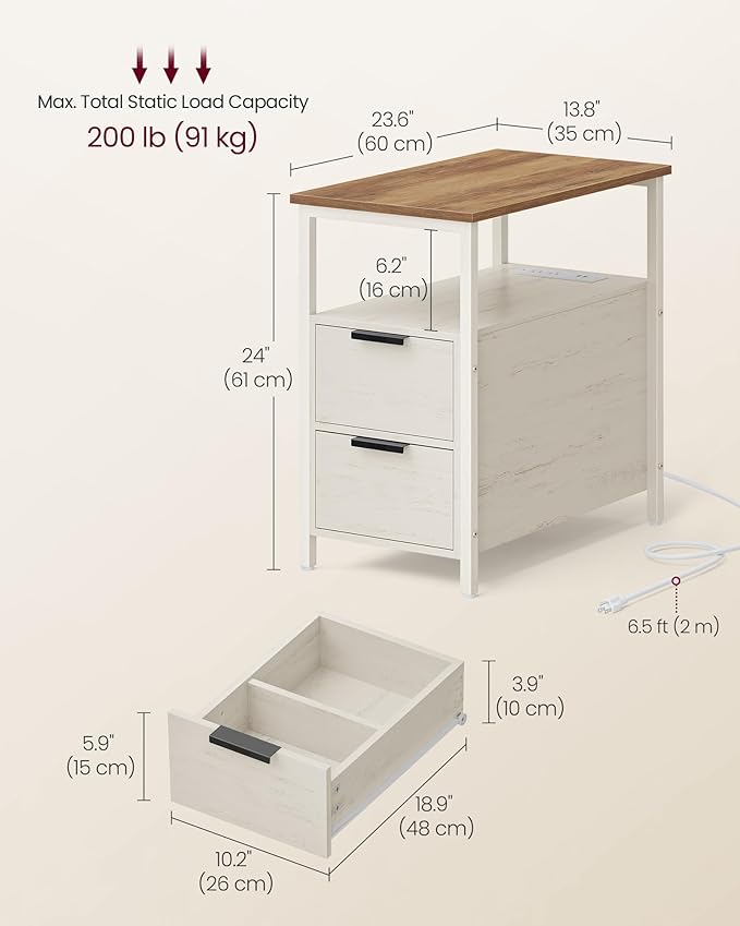 VASAGLE Side End Table with Charging Station, Slim Nightstand with 2 Drawers, Narrow Bedside Table for Living Room, Small Spaces, Honey Brown and Rustic White ULET321W01S