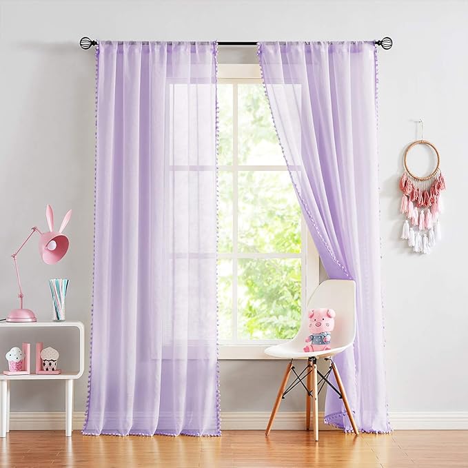 Treatmentex Pom-Pom Sheer Curtains for Girl's Bedroom 84 inches Long Voile Curtain Panels Rod Pocket Lilac 52" w x 2pc