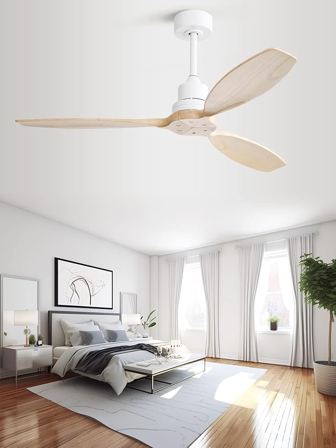 Sofucor Ceiling Fan without Lights, 52 Inch Low Profile Flush Mount Mordern Wood Ceiling Fan with Remote for Indoor Farmhouse Bedroom Living Room Outdoor Patio Porch, Reversible DC Motor, Noiseless
