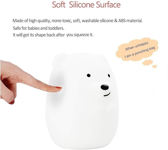 Bear Night Light for Kids, Rechargeable LED Children Lamp, Soft Silicone (BPA Free) for Baby/Boy/Girl/Adult, Remote & Touch Control Adjustable Brightness and Color (9 Colors), Eye Caring