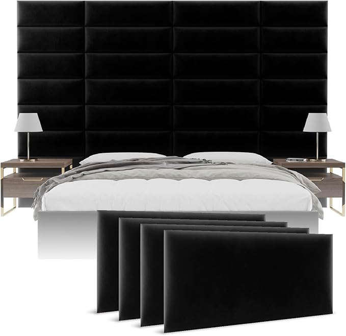 Vänt Upholstered Wall Panels - King/Cal King Size Wall Mounted Velvet Headboards - Velvet Black - Twin/King - Set of 4 Panels (Each Individual Panel 39"x11.5")
