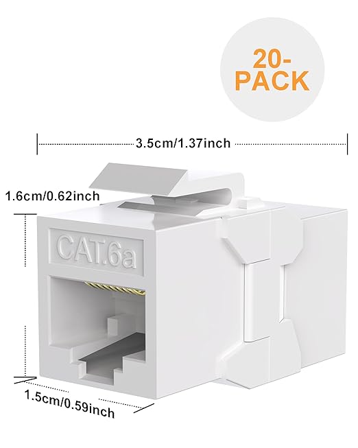 20 Pack Cat6A Keystone Jack Coupler RJ45 Female to Female Ethernet Wall Jack UTP Inline for Cat6a/Cat6/Cat5e/Cat5 White