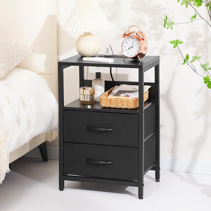 Yoobure Nightstand with Charging Station, Small Night Stand with Fabric Drawers and Storage Shelf for Bedrooms, Nightstands for Small Spaces, Bedside Table with USB Ports & Outlets Bed Side Table