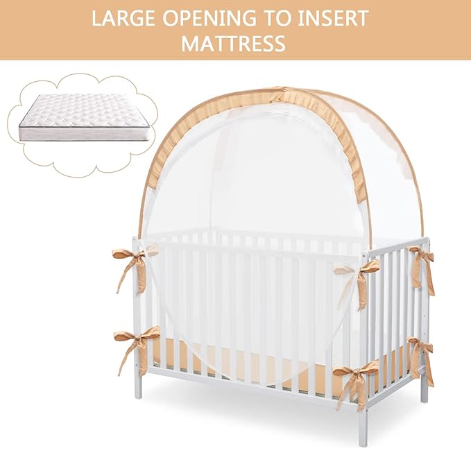 Pop Up Baby Crib Tent, Safety Tent to Keep Toddler from Climbing Out, Canopy Against Falls and Bites, Netting with Breathable & Soft Mesh, Orange (R07-orange)