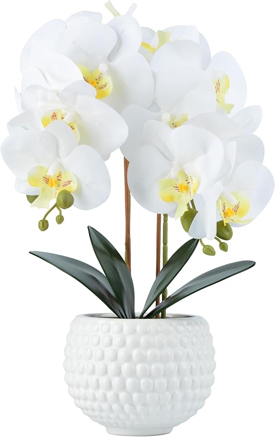 Large Artificial Orchids with Ceramic Pot, Faux Orchids for Living Room, Bathroom, Kitchen, Home, Hotel Indoor Decor (17'' White)