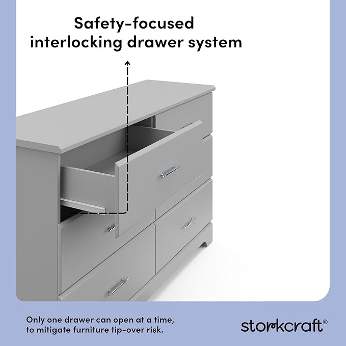 Storkcraft Brookside 6-Drawer Dresser (Pebble Gray) – GREENGUARD Gold Certified, Gray Dresser for Bedroom, Kids & Nursery Storage Chest, Safety Interlocking Drawers, Pre-Installed Tracks, Kids Chest