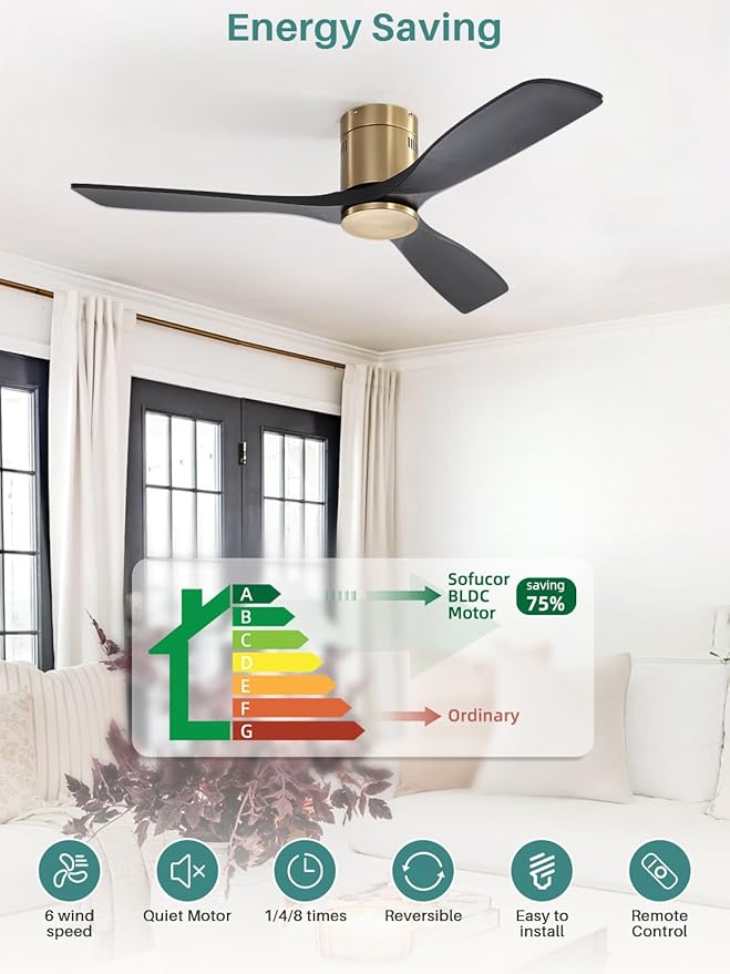 Sofucor 52 Inch Solid Wood Ceiling Fan Without Lights Flush Mount Ceiling Fans with Remote Control-Wood Blades Modern Outdoor Ceiling Fan No Light for Bedroom/Farmhouse/Patio/Indoor, Black Gold