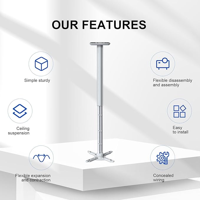 Jomard Projector Ceiling Mount, Heavy Duty Aluminum, Adjustable Height 22"-40.78", 360° Swivel 15° Tilt, Holds 15 Lbs, White