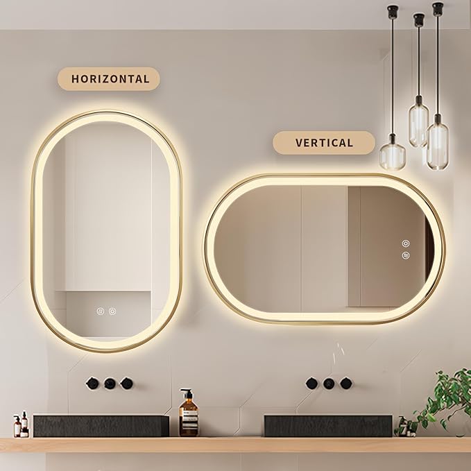 Niccy Oval LED Mirror for Bathroom, 32x20 Front Lit + Backlit Vanity Mirrors with Light Anti-Fog, Shatter-Proof, Makeup Mirror with Gold Frame (Horizontal/Vertical)