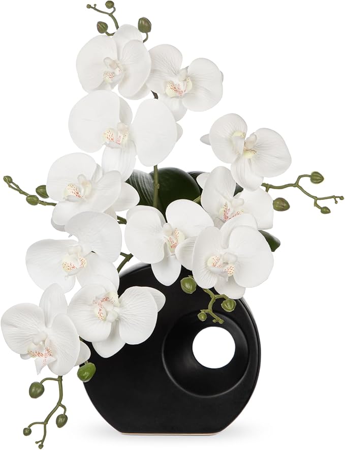 Briful Artificial Orchid Flowers in Black Modern Ceramic Vase 15.7" Tall White Faux Orchid Arrangement Silk Orchid Flower Fake Orchid Centerpiece for Home Office Room Wedding Table Décor