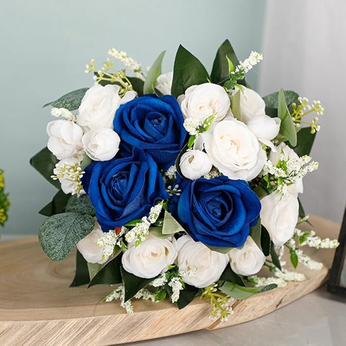 Wedding Rose Bouquet Bridesmaid Flower Bouquets, Artificial Flower Blue White Rose Wedding Bouquets for Bride Bridesmaid Bouquet Faux Bouquet Bride Bridesmaid Holding Flower for Wedding Decor, Medium