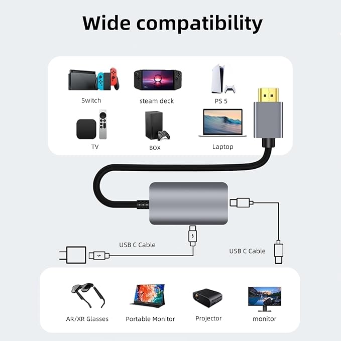 HDMI to USB C Adapter 4K60Hz, Unidirectional HDMI Male (Source) to USB C Female (Display) for Portable Monitor, AR Glasses XREA-L One/Air 2 Pro/VITURE Pro/Rokid, PS4/5, B0X, Switch, ROG Ally