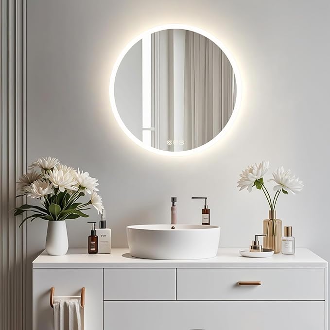 Wall-Mounted LED Round Bathroom Mirror, Makeup Mirror (24 inches x 24 inches,) 3 Color Stepless Dimmable Memory Bathroom Vanity Mirror with Lights CRI90+ 3000-6400K Smart Mirror with Touch