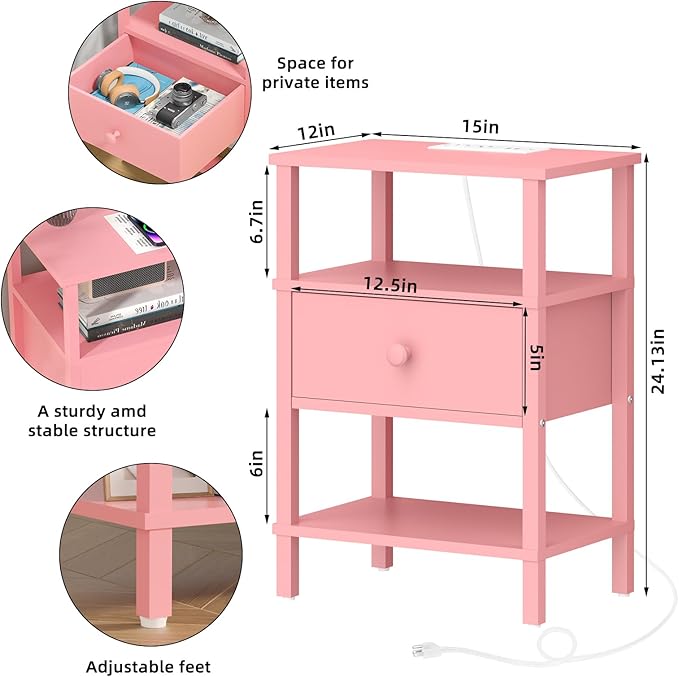 Lerliuo Nightstand Set of 2 with Charging Station and USB Ports, 3-Tier Storage Pink End Table with Drawer Shelf, Night Stand for Small Spaces, Wood Bedside Table for Living Room, Bedroom — Light Pink