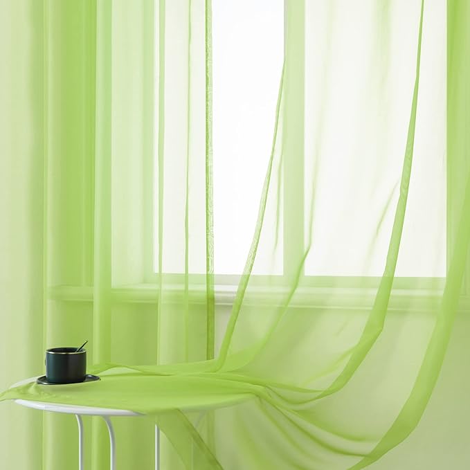DUALIFE Lime Green Voile Sheer Curtains Grommet,Look Semi Sheer Windows Panels,Elegant Solid Color Touch Soft Drapes, 52X45 Inch for Living Room Bedroom,Set of 2 Panels