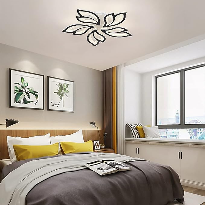 Garwarm LED Ceiling Light Fixture, 60W Modern Leaves Ceiling Lamp Dimmable Black Flush Mount Ceiling Chandelier for Living Room Study Room Dining Room Bedroom