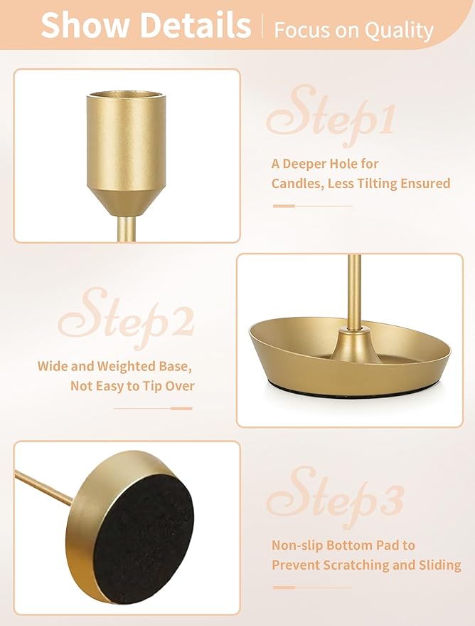 NUPTIO Taper Candle Holders for Centerpiece: 3 Pcs Matte Gold Candlestick Holder for Wedding - Brass Tall Candle Stick Holder for Christmas Party Dinner Table Fireplace Decor