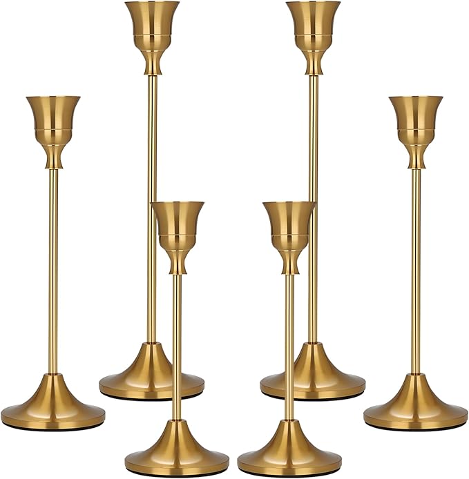 Candle Holder Brass Gold Candlestick Holders Set of 6, Metal Taper Candle Holders for Table Centerpiece Fits 3/4 inch Candles, Tall Candle Stands for Halloween Thanksgiving Christmas