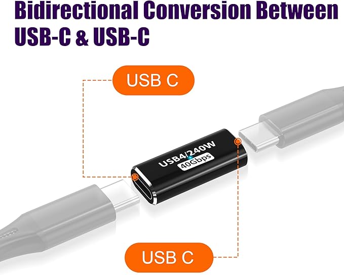 AGVEE 2 Pack USB4 Type-C Female to Female Adapter, PD 240W Quick Charge USB 4.0 40G Data Coupler Extender Extension Connector for TB4 TB3 MacBook, Pixel 2 3 4 5, S24, S23, S22, Black