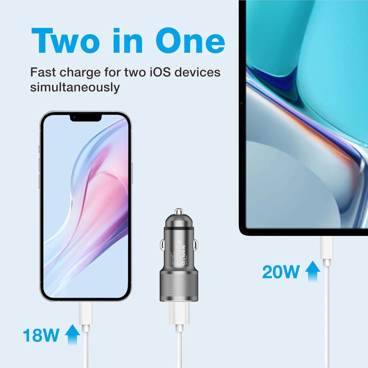MOCA 38W Fast Car Charger for iPhone, Dual Port USB C Power Delivery with 2Pack PD Lightning Cord Quick Charging