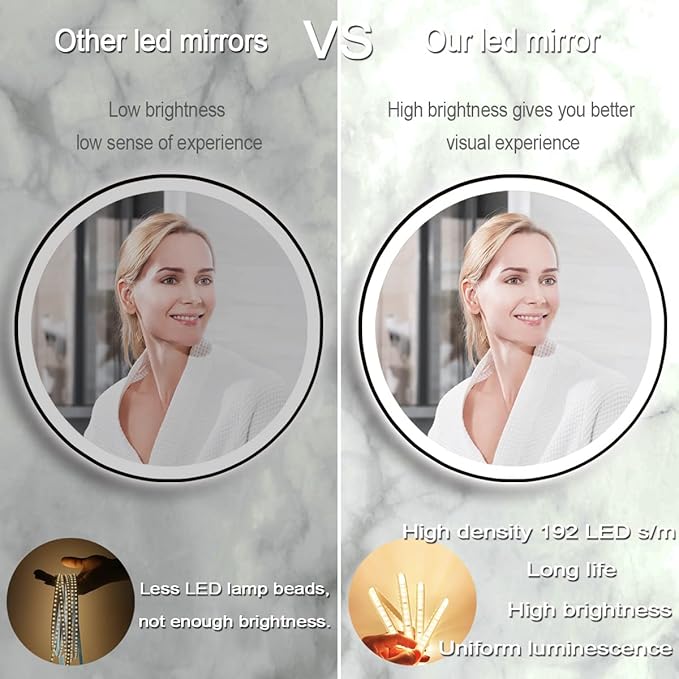 36 Inch Black Frame Round LED Bathroom Mirror Anti-Fog Smart Memory 3 Color Adjustable Brightness Frontlit 36" Black Framed Circle Round Lighted Vanity Mirror for Bathroom Wall Mounted