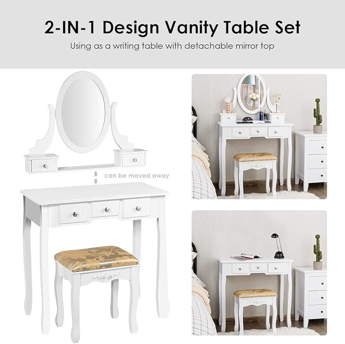CHARMAID Vanity Table Set with Rotatable Oval Mirror, Bedroom Makeup Table with 5 Drawers for Women Girls, Dressing Table with Cushioned Stool (White)