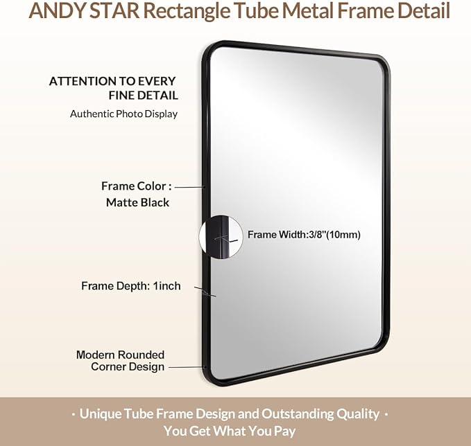 ANDY STAR 48X32 Inch Black Bathroom Mirror, Black Bathroom Vanity Mirrors for Wall, Rounded Rectangle Mirror for Bathroom, Seamless Tube Metal Frame, 1’’ Deep Wall Mounted Vertical/Horizontal