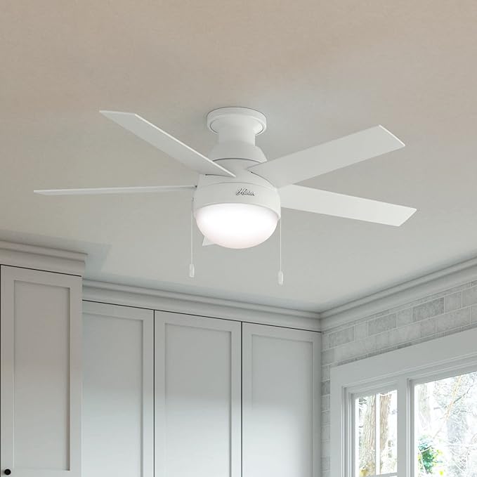 Hunter 46 inch Indoor Ceiling Fan with LED Light - White Ceiling Fan with Pull Chain, For Bedroom, Living Room, or Kitchen, Low Profile Mount, No Remote, 5 Blades - Anslee 59269, Fresh White