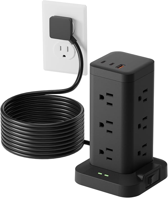 15-in-1 Power Strip Tower with Surge Protector 1800J, Fast Charging Tower PD20W USB-C Ports with 12 AC Outlets, 9.8ft Extension Cord for Home Office Dorm Room, White