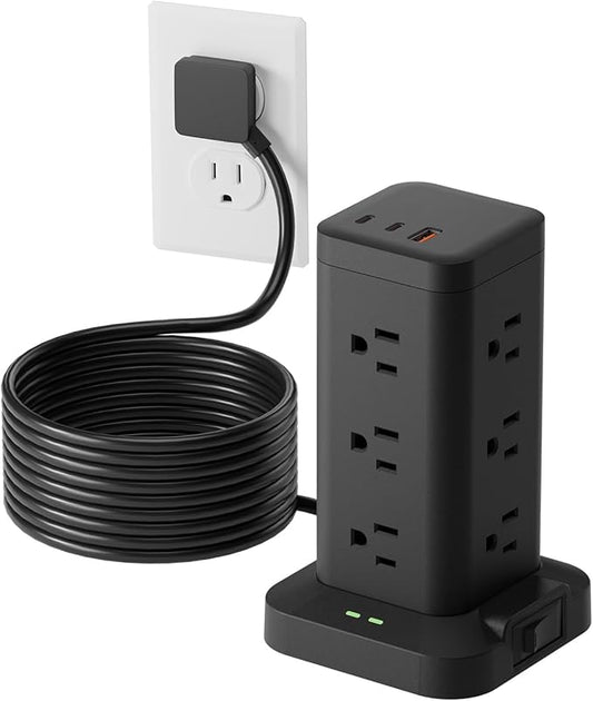 15-in-1 Power Strip Tower with Surge Protector 1800J, Fast Charging Tower PD20W USB-C Ports with 12 AC Outlets, 9.8ft Extension Cord for Home Office Dorm Room, White