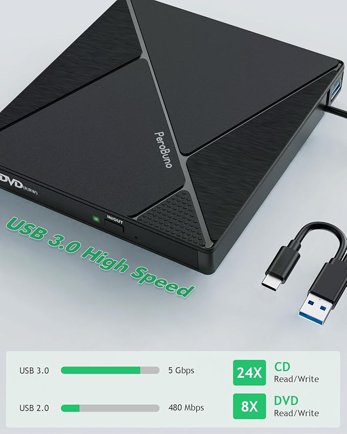 PeroBuno External CD DVD Drive, USB 3.0 Optical Disc Drive, 4 USB Ports and 2 TF/SD Card Slots, CD DVD Burner Writer Reader Player for Laptop MacBook PC Windows 11/10/8/7 Linux OS with Carrying Case
