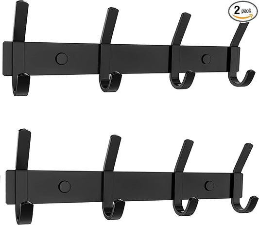 Matte Black Coat Rack Wall Mount – 12 Inch Stainless Steel Hook Rail with 4 Double Coat Hooks – Wall Mounted Entryway Organizer for Coats, Hats, Bags, Towels, Robes, Closet or Bathroom - 2 Pack