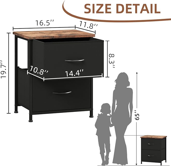 Somdot Nightstand Set of 2, Small Dresser for Bedroom with 2 Drawers,Night Stand Bedside Table End Table with Fabric Bins for Bedroom Kids Closet Dorm Guest Room, Black Rustic Brown