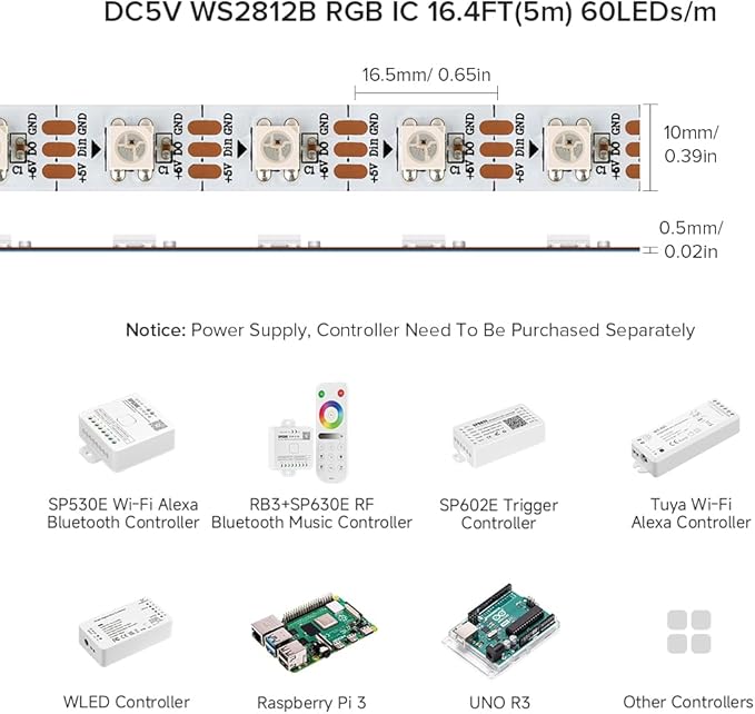BTF-LIGHTING WS2812B RGB ECO LED Strip, Chasing Effects 5050SMD Individually Addressable 16.4FT 60Pixel/m 300Pixels Flexible Dream Color IP30 for Bedroom DIY Project DC5V(No Adapter or Controller)