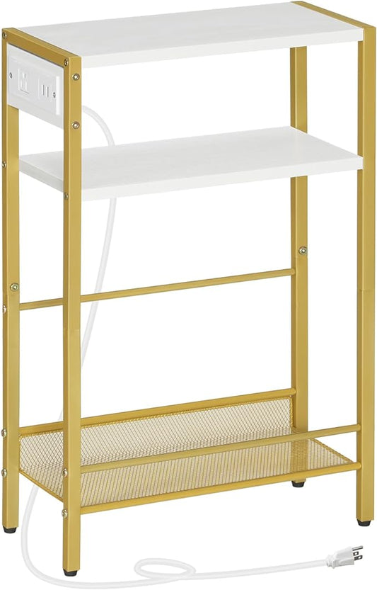 HOOBRO Small Narrow Side Table with Charging Station, Skinny End Table for Small Spaces, Slim Nightstand with USB Ports Outlet, Sofa Beside Table with Storage Shelf, White and Gold DW102UBZ01