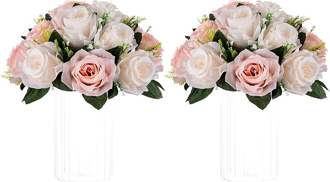NUPTIO Flower Balls for Wedding Centrepieces - 2 Pcs 9.5in Diameter Artificial Flower Ball Arrangement Bouquet Peachy Pink & Creamy White Fake Rose Flowers Party Centerpieces for Weddings Tables