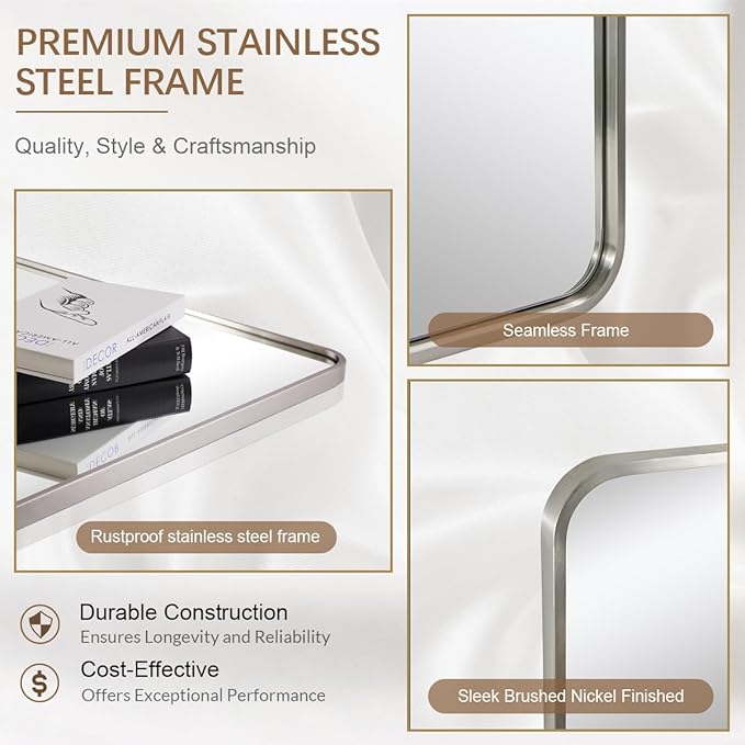 ANDY STAR 48x32 Inch Brushed Nickel Bathroom Mirror, Rounded Rectangle Bathroom Vanity Mirrors for Wall, Anti-Rust SUS304, Seamless Tube Metal Frame, 1’’ Deep Wall Mounted Vertically/Horizontal