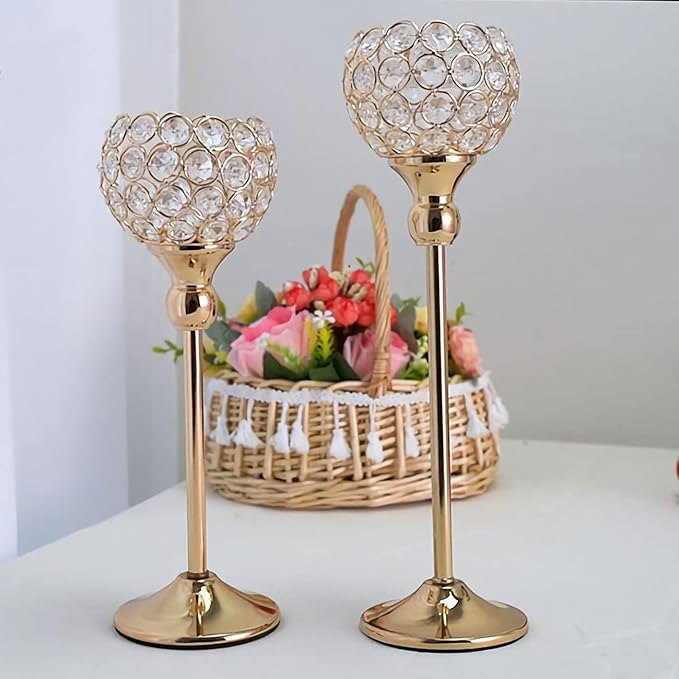 VINCIGANT Pack of 8pcs Candle Holders for Pillar Candles,Gold Candle Holders Bulk Wedding Centerpieces Metal Crystal Candlestick Holders Stand for Table Party Church Decor