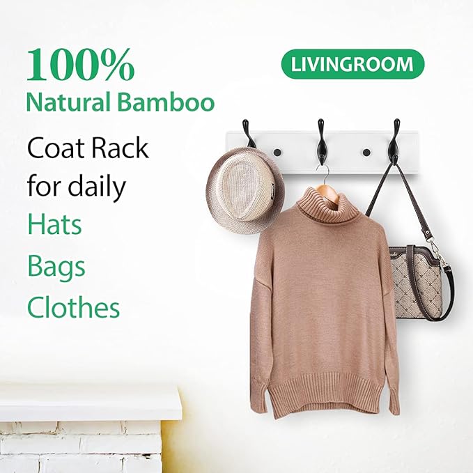Wooden Coat Rack, Wall-Mounted Organizer for Closet, Entryway, Hallway, Foyer, Bedroom, Heavy Duty Double Hooks for Hanging Towels, Bags, Hats, Jackets, Key (WhiteBlack, 3 Hooks)