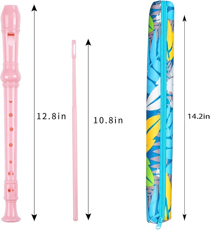 Soprano Recorder Instrument for Kids Beginners Student German Fingering C Key Recorder Instrument 3 Piece with Cleaning Rod and Bag Fingering Chart（Pink）