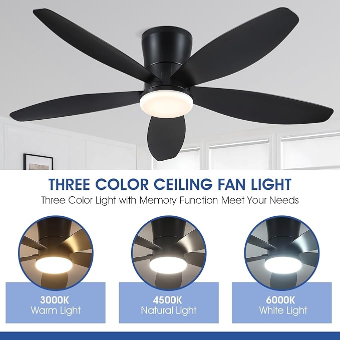 48" Ceiling Fans with Lights-Low Profile Ceiling Fan with Light and Remote/APP Control, Black Flush Mount Ceiling Fans,DC Reversible,LED Dimmable