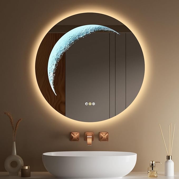 24'' Circle LED Mirror, Frameless Round Smart Mirror with Backlit & Half Moon Light, Anti-Fog, 3 Color Modes, Dimmable Wall-Mounted LED Vanity Mirrors for Bathroom, Bedroom, Entryway