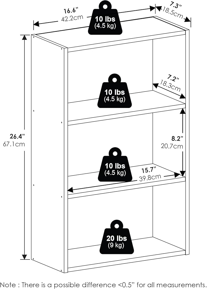 Furinno Basic Book Shelf, 3-Tier Bookshelf, Cube Storage Organizer Bookcase with Open Shelf, 7 x 17 x 26, for Living Room, Bedroom, Home Office, Amber Pine