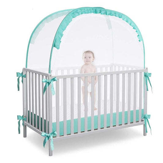 Crib Pop Up Tent Baby Safety Mesh Cover Mosquito Net Toddler Bed Canopy Netting Cover Protect Baby from Biting and Falling, Emerald, 51 x 51 x 27 Inch