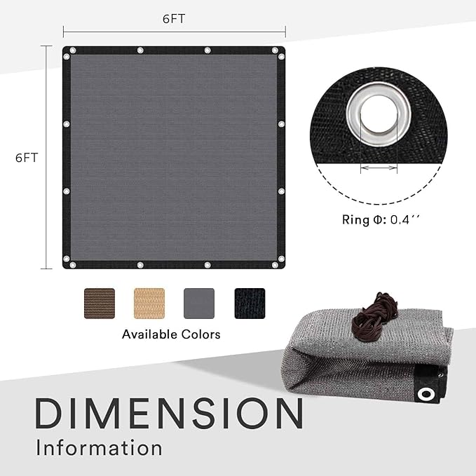 VICLLAX 90% Shade Fabric Sun Shade Cloth with Reinforced Grommets, Outdoor Sun Screen Fabric for Outdoor Patio Garden Pergola Cover Canopy 6x6 FT, Dark Grey