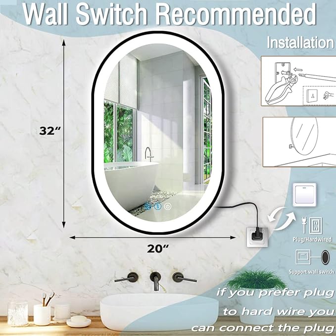 32 x 20 Inch Black Oval LED Mirror for Bathroom Salon Wall Horizontal/Vertical Mounted 32 Inch Black Frame Oval Lighted Mirror with Lights Smart Memory 3 Color Dimmable Front Lights Antifog