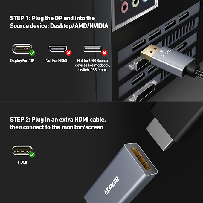 BENFEI 4K DisplayPort to HDMI Adapter Cable, (2K 60Hz, 1080p 120Hz) Uni-Directional Display Port to HDMI Monitor Converter Compatible for HP, Dell, GPU, AMD, NVIDIA, More. Male to Female