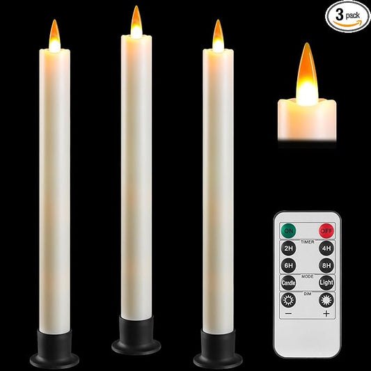 Da by 3 LED Flameless Table Candles with Remote Timer, 9.6 Inch Ivory Candle Holder, Battery Powered 3D Flickering False Flame Window Candle, Free 3 Black Bases