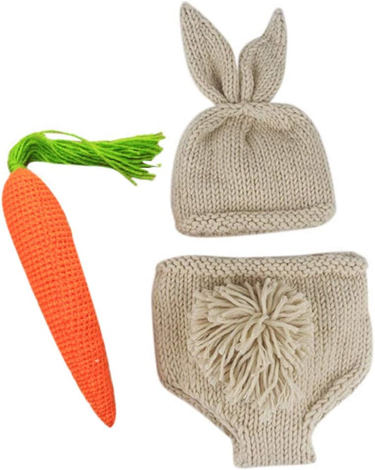 1st IDOPIP Newborn Baby Easter Bunny Photography Props Costume Boy Girl Crochet Knit Rabbit Hat Diaper Carrot Birthday