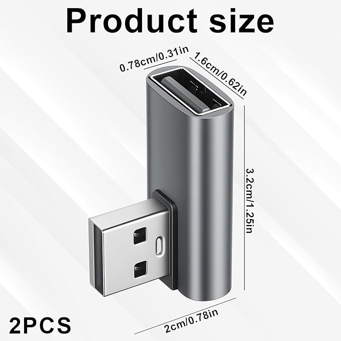 2 PCS USB 90 Degree Adapter 90 Degree USB A Right Angle Adapter Male to Female Converter Extender for Laptop, Power Bank, Charger, Phone, Pad, Pc (Gray)
